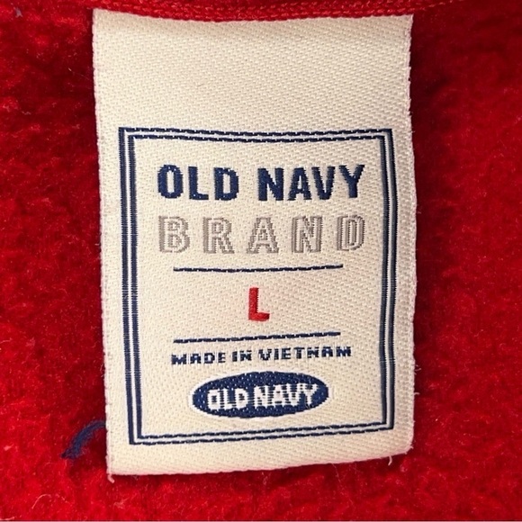 LARGE Y2K ERA OLD NAVY WOMENS RED FLEECE JACKET PULLOVER BLACK LOGO - Picture 9 of 10